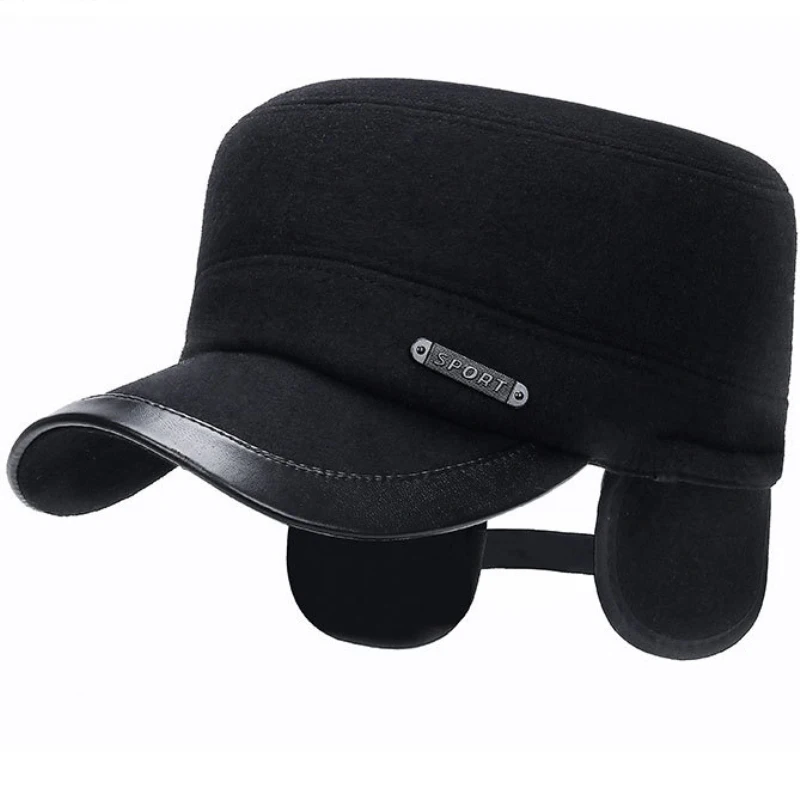 

High Quality Men's Baseball Cap With Ear Flaps Winter Hat Flat Top Snapback Hats Bone Trucker Caps