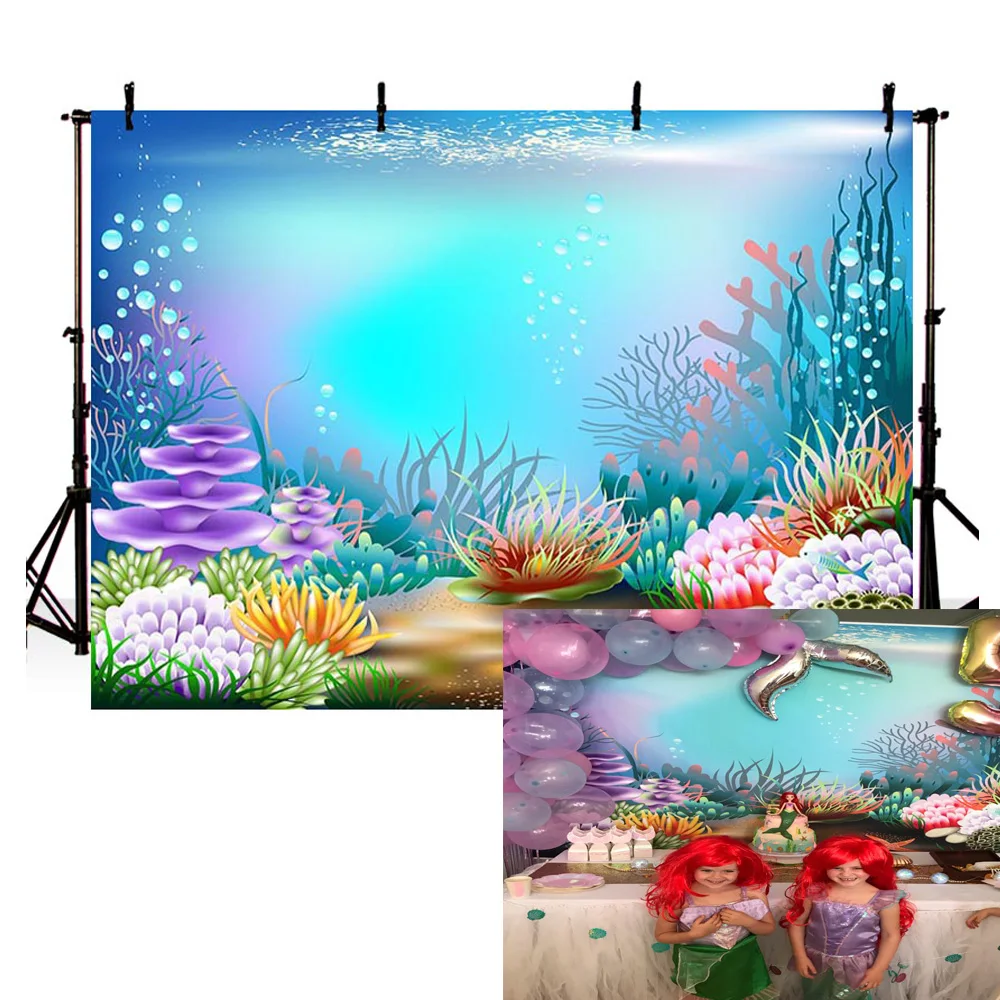 Photography Background 5ft Under The Sea Mermaid Ariel Princess Backdrop for Girl 1st Birthday Colorful Ocean Fish Photo Background Desktop Banner