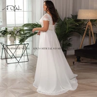 Elegant Chiffon Plus Size Wedding Dress Customized V-neck Short Sleeves Beaded Bridal Gown with Lace-up Back Robe de Mariage 2