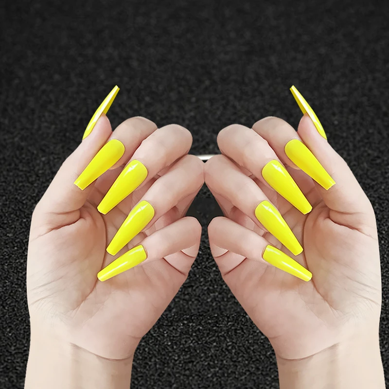Uñas postizas acrílicas diferentes colores uñas artificiales para mujeres uñas postizas de plástico amarillo fluorescente Aliexpress