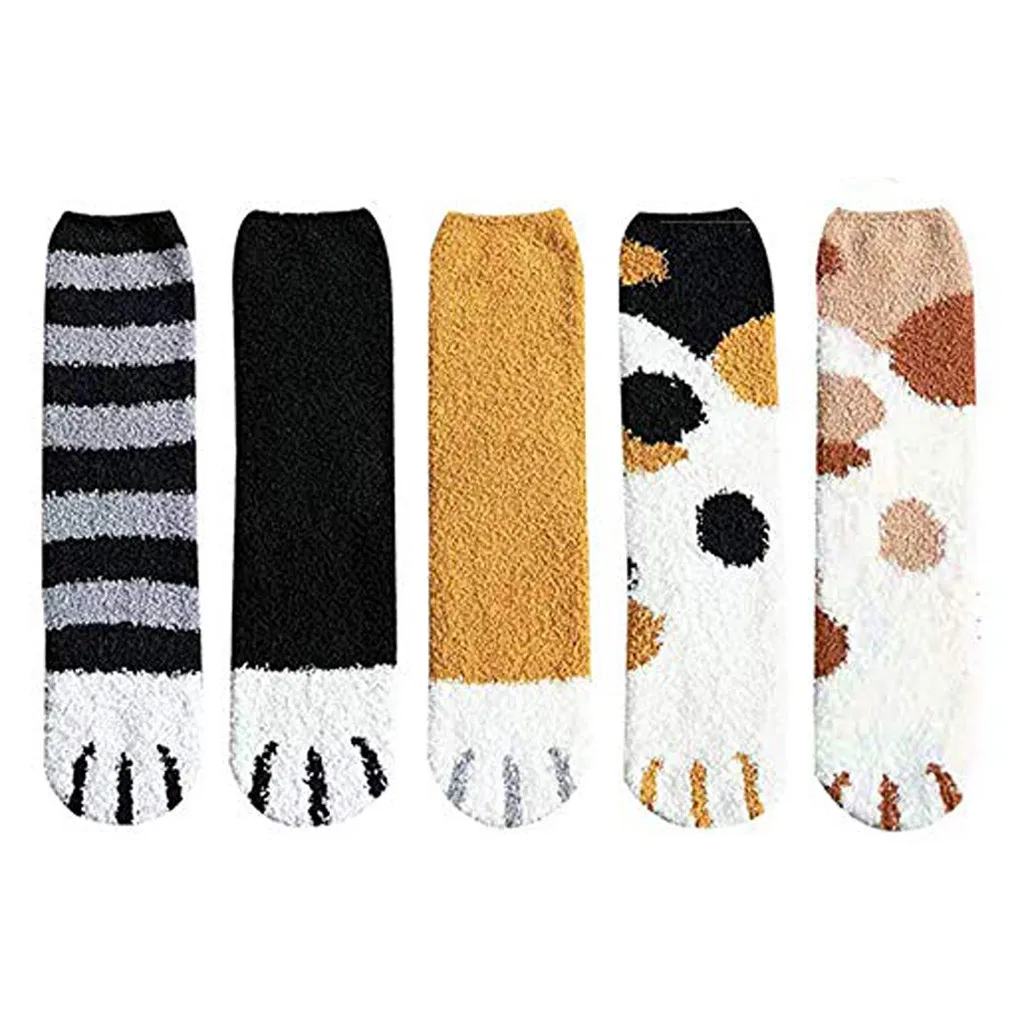 5 пар, Женская симпатичная кошачья лапа, носки, коралловый флис, уплотненные, пушистые, теплые, удобные, мягкие, средние Носки, зимние, забавные, теплые носки