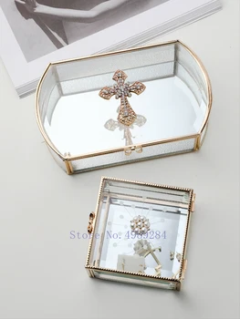

Creative Nordic glass Jewelry Box Golden rim diamond cross pearl Handmade Storage Box desktop Jewelry display box