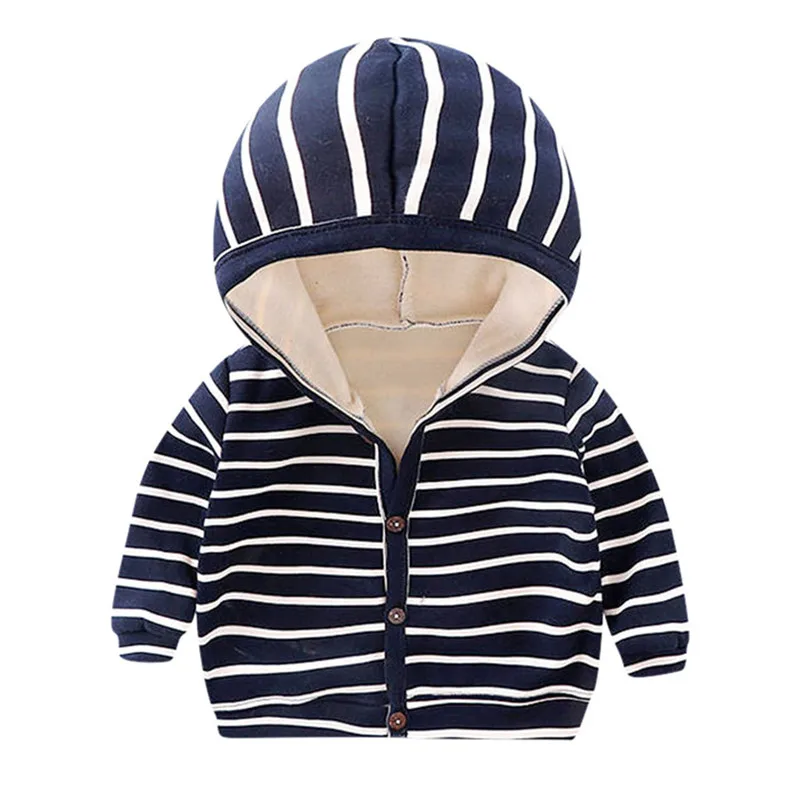 Детская куртка для маленьких мальчиков и девочек; зимнее ветрозащитное пальто в полоску с капюшоном и длинными рукавами; Верхняя одежда;#4O09 - Цвет: Синий