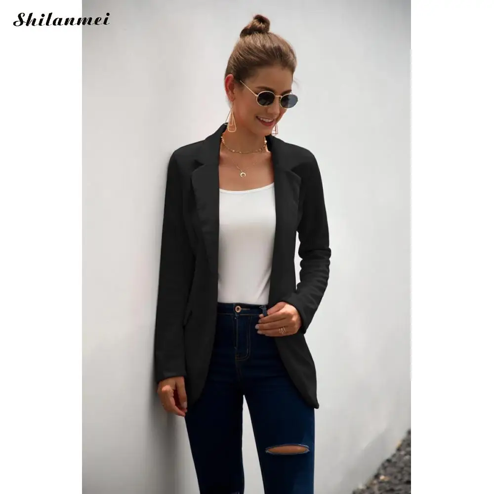 Осень, Женский офисный Блейзер, женская элегантная деловая куртка, длинный рукав, однотонный, красный, черный, тонкий пиджак, женское тонкое модное пальто