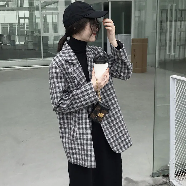 

Early Spring WOMEN'S Dress Korean-style CHIC Loose-Fit Versatile Retro Plaid Small Suit Students Long Sleeve Leisure Suit Coat F