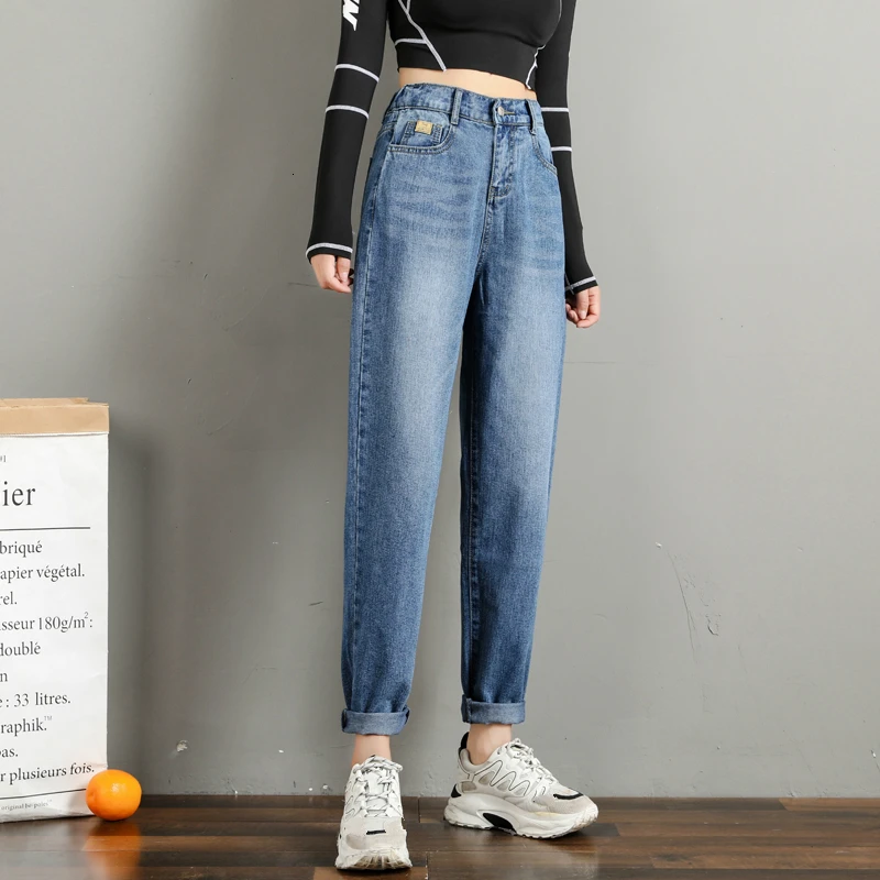 

Plus Size 4XL Boyfriend Jeans For Women High Waisted Jeans Blue Casual Warm Velvet Harem Trousers Streetwear Denim Pants