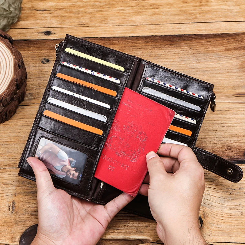 CONTACT'S Casual Travel Wallets Genuine Leather Wallet Men Zipper Coin Pocket Long Purse Passport Cover Male Card Holder Bags