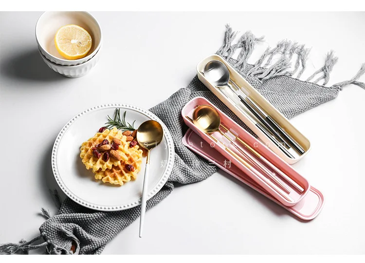 304 Stainless Steel Portugal Portable Tableware Set Chopsticks Spoon Three-piece Set Students Travel Outdoor Gift