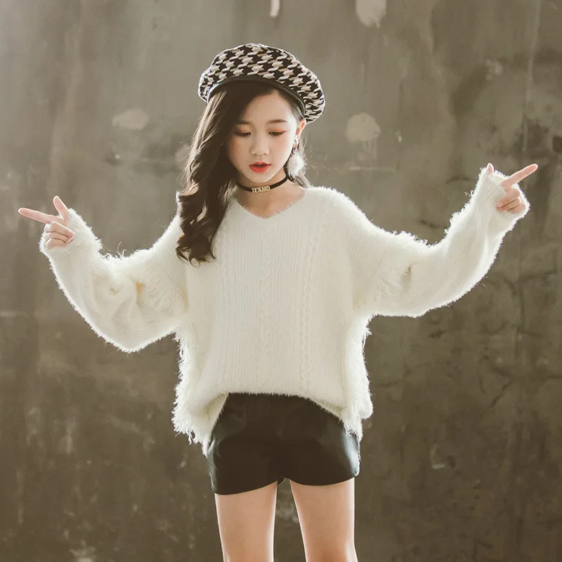 Детский утепленный пуловер для девочек модный Свободный Повседневный свитер на