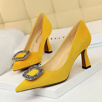 

2020 Spring New Women Classics Pumps Fashion Sexy Dress Flock Banquet Shoes Thin Heels Buckle High Heels