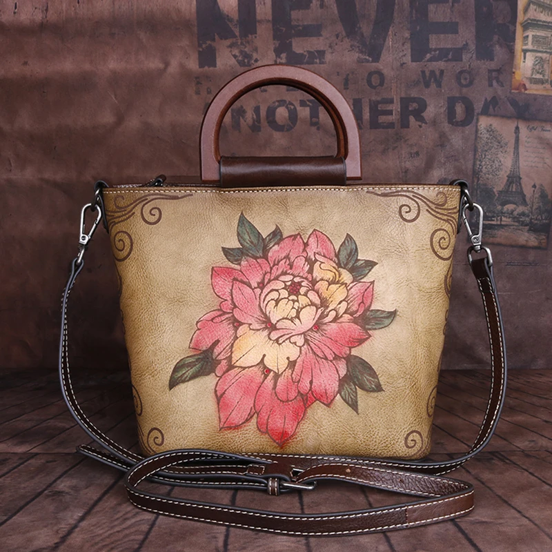 Women Genuine Leather Messenger Crossbody Embossed Bags Multi-Capacity Peony National Style Female Handbag Shoulder Tote Bag