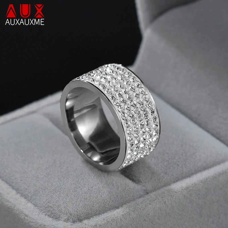 Auxauxme 5 Row Lines Clear White Stones Wedding Rings For Women Fashion Zircon Stainless Steel Female Teen Jewelry 4
