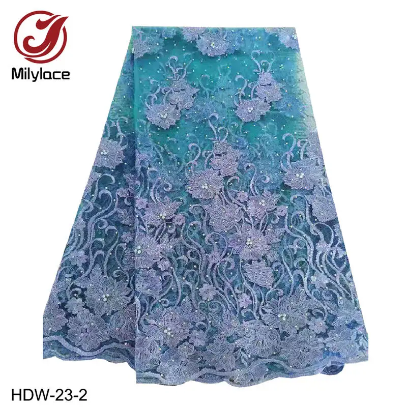 blue Milylace синяя нигерийская Тюлевая Ткань 5 ярдов бусины и Камни Тюль кружевная ткань с цветочной вышивкой для платьев HDW-23 - Цвет: blue