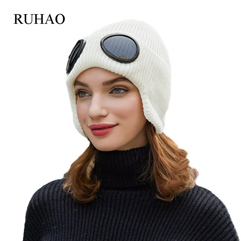 RUHAO двойная утолщенная зимняя вязаная шапка теплая шапочки Skullies Лыжная шерстяная шапка и очки для мужчин и женщин