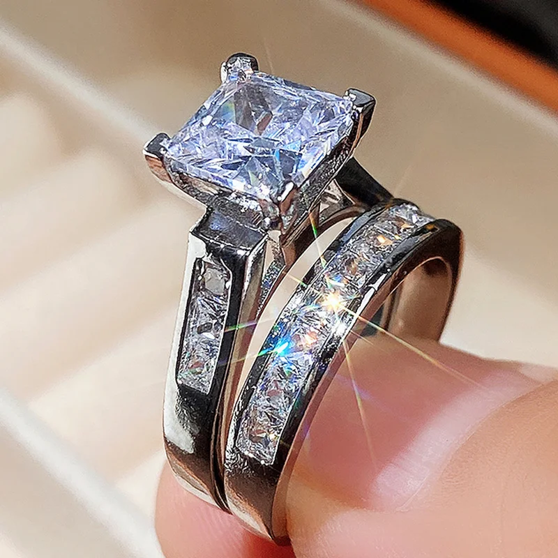 Ring Set Wedding Rings Wedding Ring Jewelry Accessories Fashion Wedding Ring Set for Women Dazzling Square Zirconia Luxury Lady Accessories Set