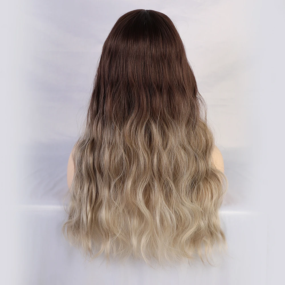 Длинные волнистые синтетические парики с челкой коричневого до бежевого Омбре волосы термостойкие волокна для женщин натуральные волнистые парики для косплея