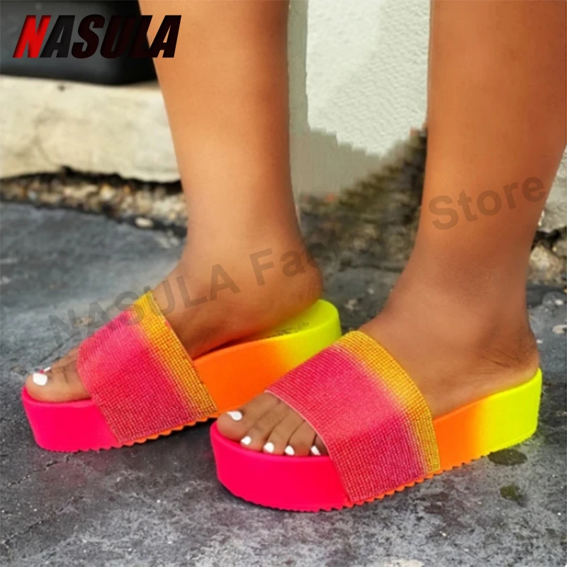 Sandalias con pedrería mujer, zapatillas coloridas cuñas chanclas deslizantes para playa|Zapatillas| - AliExpress