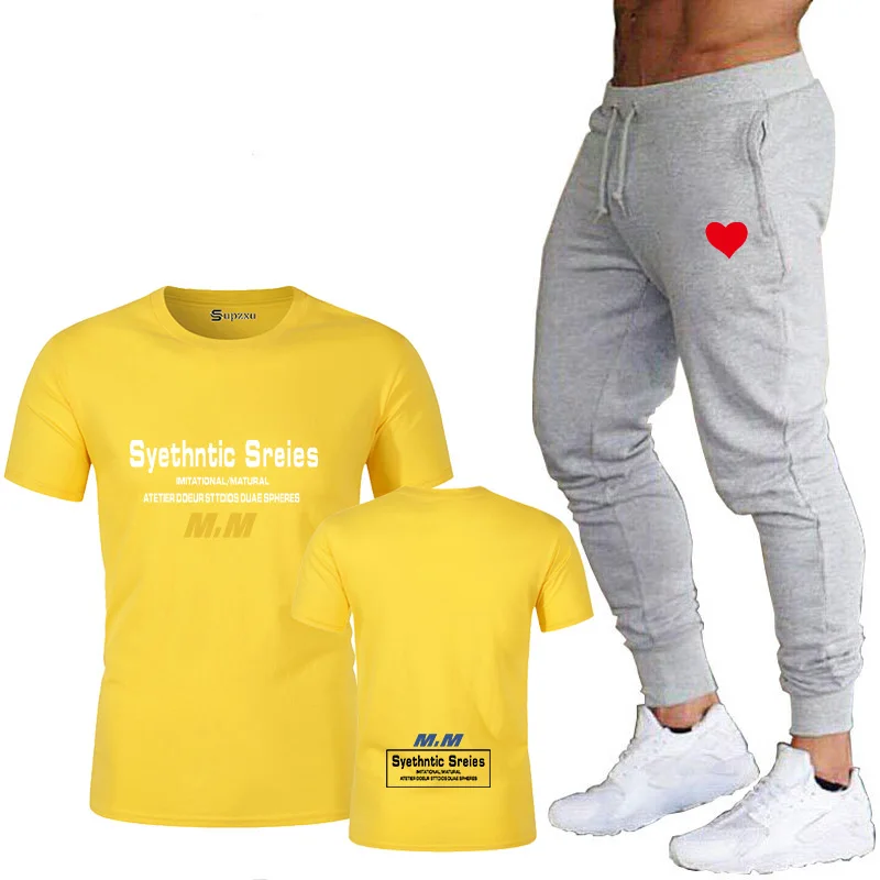 Yellow Летняя мужская футболка с надписью Syethntic Sreies, футболка с круглым вырезом, Повседневная брендовая одежда, мужская футболка, набор уличных штанов - Цвет: Yellow