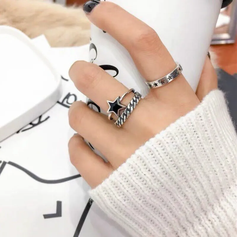 

S925 Sterling Thai Silver 925 Original Lover Luxury Open Ended Rings Freely Resizable Hollow Pentagram Star Charm Retro Ring