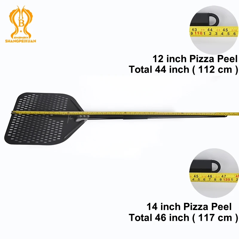 SHANGPEIXUAN Long Handle 14 /12 Inch Perforated Pizza Peel Pizza Shovel Aluminum Hard Coating Peel Oven Baking Tool