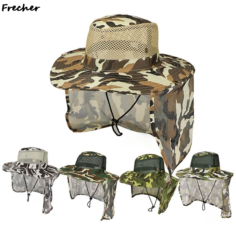 Outdoor Fishing Hat Wide Brim Man Breathable Mesh Fishing Cap Beach Hats Camouflage Sun UV Protection Shade Hat