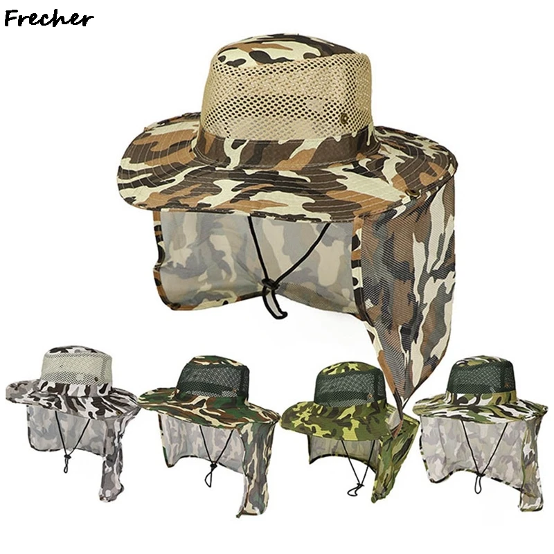Beach Hat Outdoor Fishing Hat Wide Brim Man Breathable Mesh Fishing Cap Beach Hats Camouflage Sun UV Protection Shade Hat