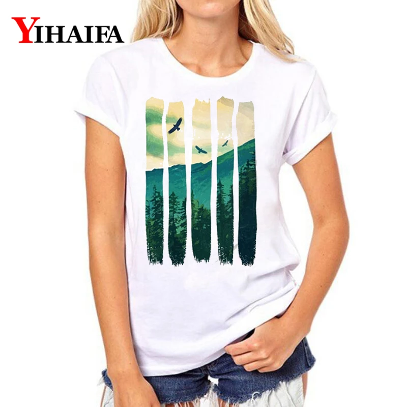 

Women T-shirt 3D Print Creative Forest Mountain Tree Graphic Tee Casual Lady Summer White T Shirts Short Sleeve Tops
