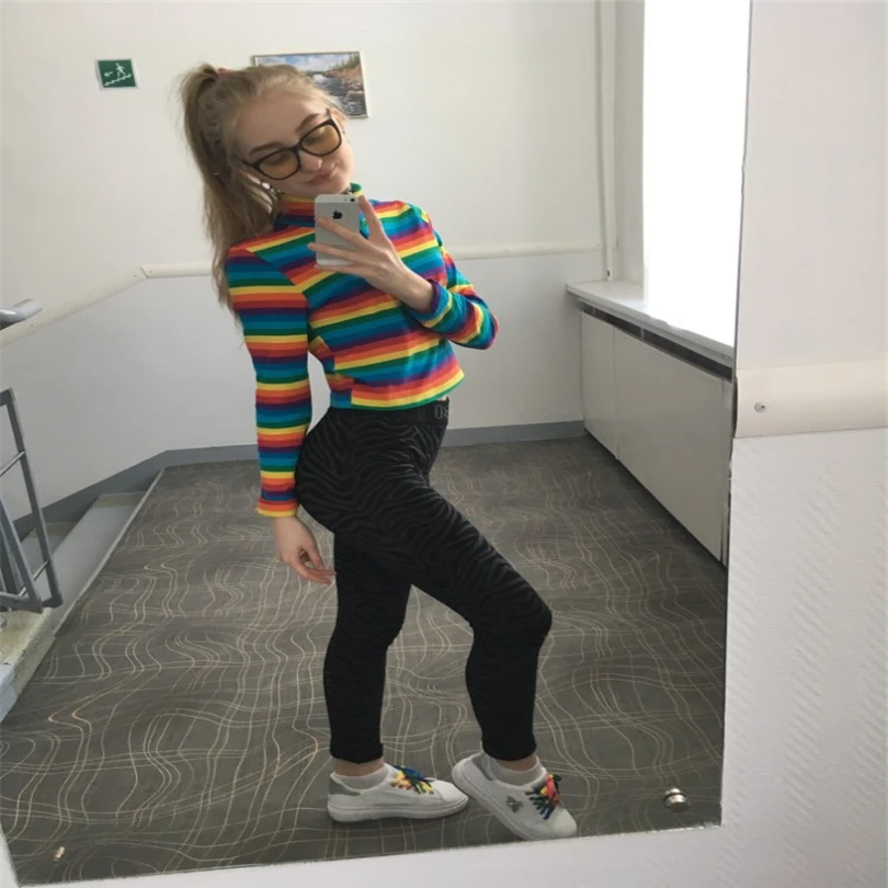 T-shirt Women Fashion Womens Long Sleeves Turtleneck Rainbow Color Zipper Tops T shirt Das Mulheres Dropshipping 40AT1304