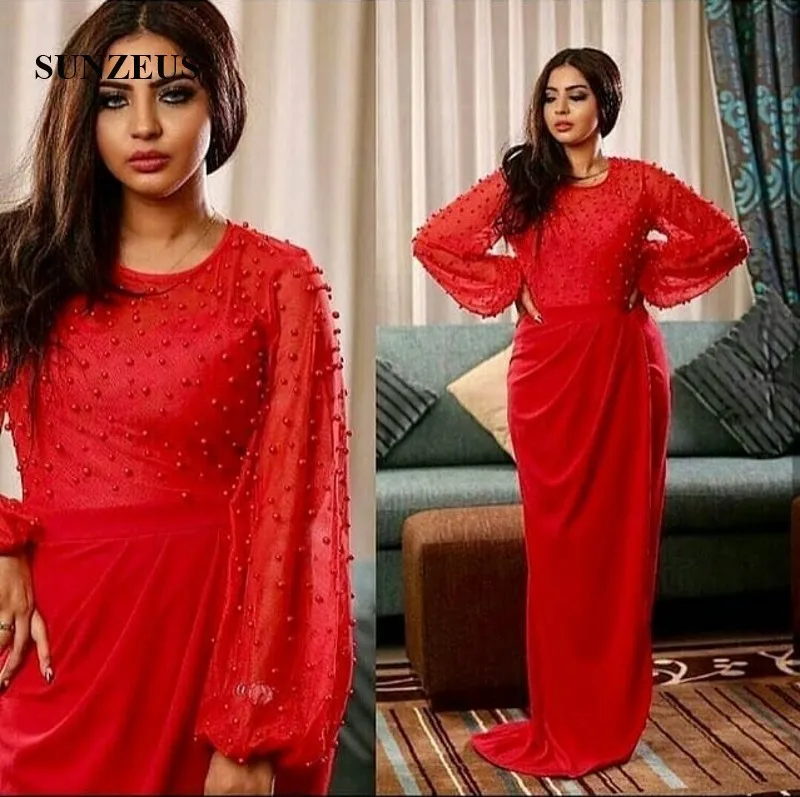 Straight Long Red Evening Gowns Pearls Beaded Long Sleeves Formal Dresses Arabic Women Party Gowns