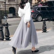 Высококачественная Длинная женская юбка из тюля Осенняя корейская мода элегантная Высокая талия большая гофрированная кайма миди юбки женские