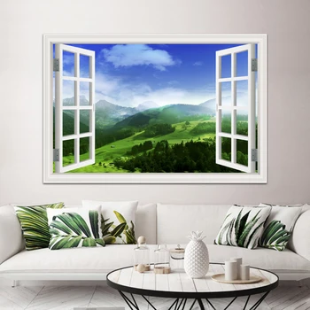 

one piece Grassland Blue Sky Nature picture Landscape Sticker Decal Vinyl Mural Wallpaper 3D Window View Wall Sticker Art Decor