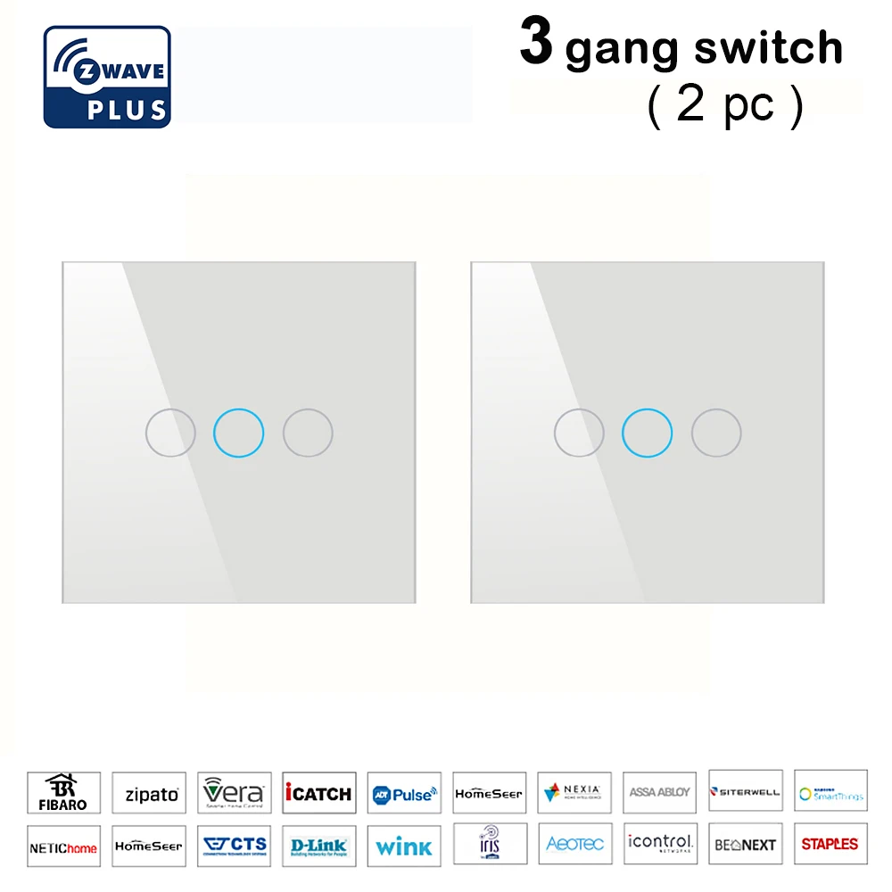 White-3way-2pc Z wave Plus, настенный светильник, выключатель для домашней автоматизации, сенсорный выключатель, умный светильник с дистанционным управлением, совместимый с Zwave серии 300 и 500 - Цвет: White-3way-2pc