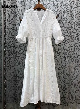 

Top Quality Cotton Long Dress 2020 Spring Summer Style Women V-Neck Allover Appliques Embroidery Long Maxi Dress White Black