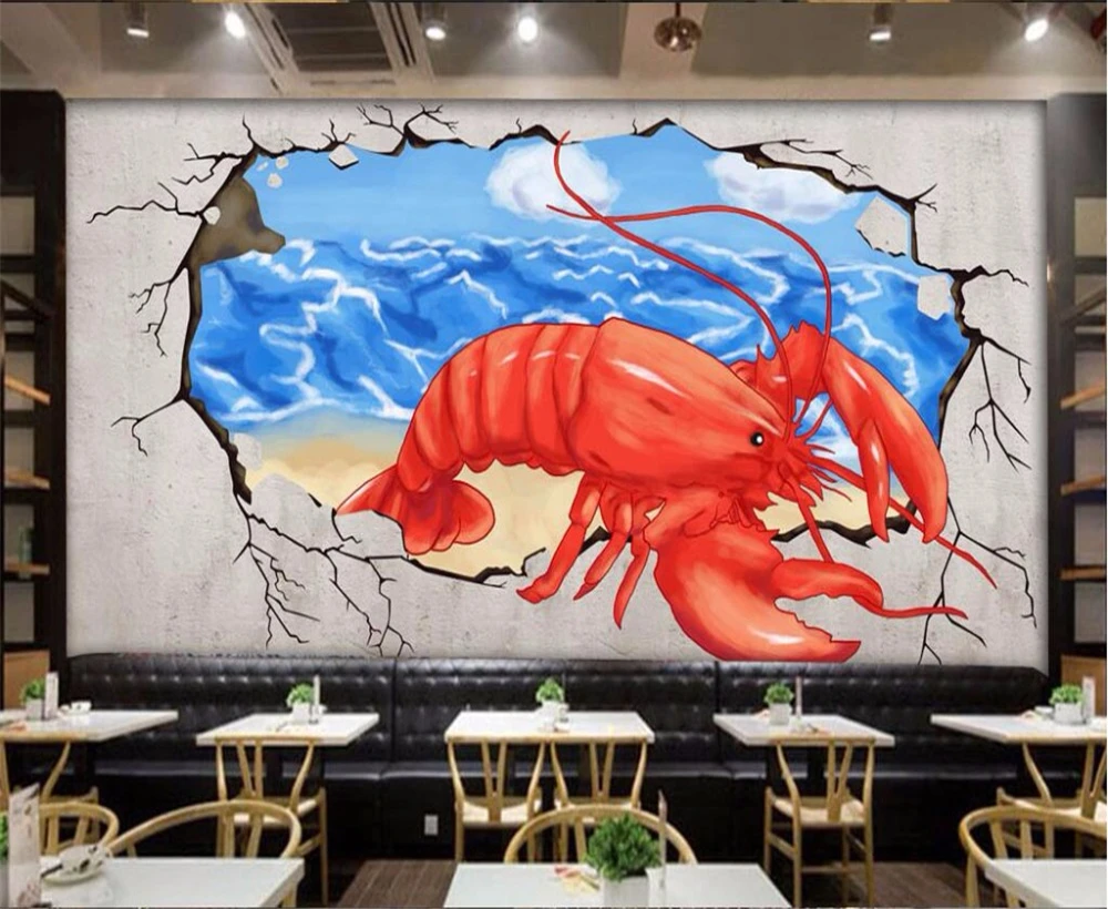 beibehang Large custom wallpaper hand-painted lobster broken wall into the hot pot restaurant TV background living room hom |