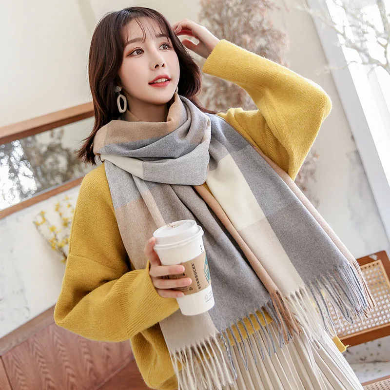Womens Plaid Winter Scarf Warm Fashion Soft Large Tassel Shawl 