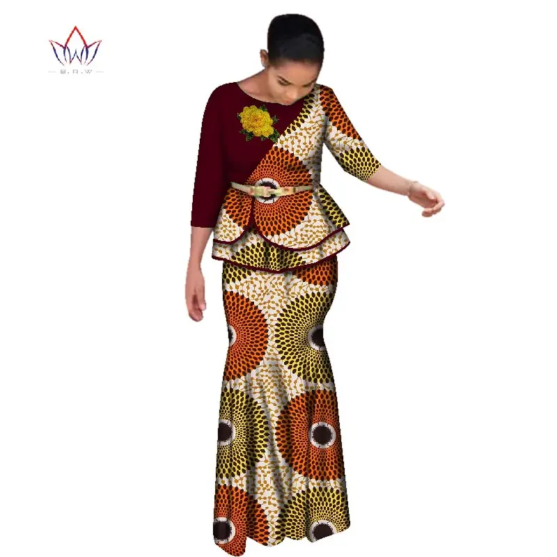 Розовая вышивка, традиционная африканская юбка, набор для женщин, Дашики, бесплатный платок, африканская одежда, элегантное вечернее платье, WY2642 - Цвет: 13