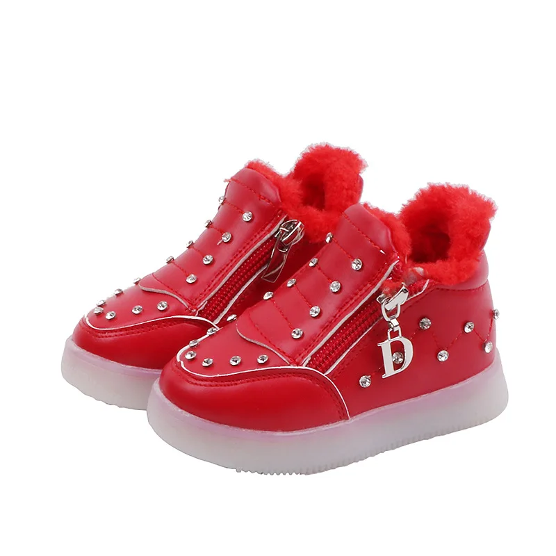Зимний светильник для малышей; хлопковые ботинки; модная обувь для девочек с рисунком; Светодиодный стразы; теплые кроссовки; детская обувь; светящаяся зимняя спортивная обувь для девочек