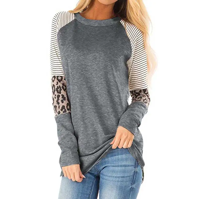Осень, полосатая женская футболка с длинным рукавом, женская зимняя теплая леопардовая футболка, женская футболка с круглым вырезом