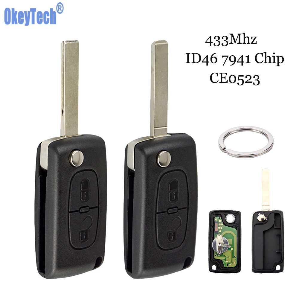 OkeyTech для Peugeot Partner 207 307 308 407 дистанционный откидной ключ с кольцом ключей 2 кнопки