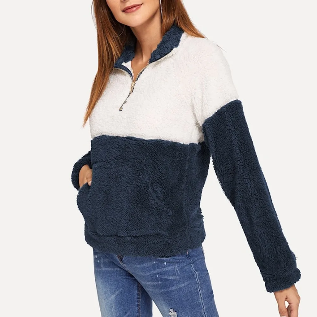Hoodies Women Autumn 2019 Patchwork Zipper stand neck furry Harajuku Streetwear Hoodie Hoodies And Sweatshirts Women Pullovers