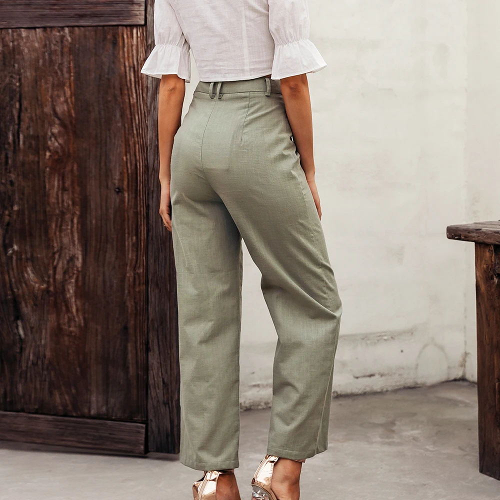 Conmoto high waist casual pants women summer spring solid green trousers high waist green ruffles vintage pants