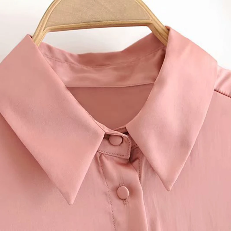 Шикарные Женские топы, одноцветная шелковая атласная блузка с длинным рукавом, свободная мягкая рубашка, винтажная женская элегантная офисная блузка с отложным воротником