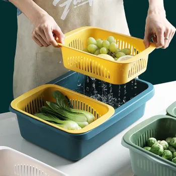 

Double Plastic Drain Basket Kitchen Vegetables Fruit Washing Strainer Tableware Drain Storage Box Sink Drainer Rack Organizer