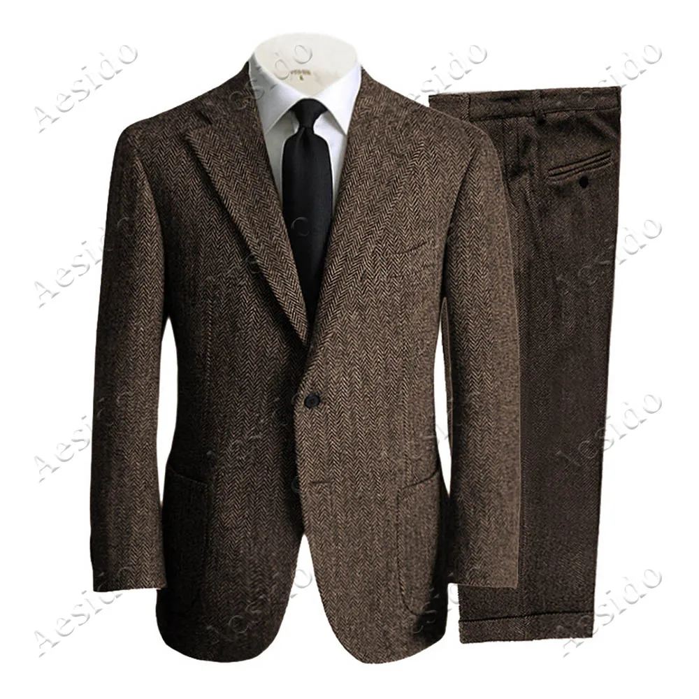 Aesido повседневные мужские костюмы Slim Fit 2 шт Шерсть Твид елочка буниснесс пиджак Выпускной Блейзер брюки классический костюм для свадьбы - Цвет: Coffee