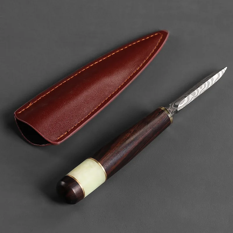 Stainless Steel Pu 'er Tea Knife, Gray Damask, Black Tea Tool, Ceremony Accessories, Set with Wooden Handle