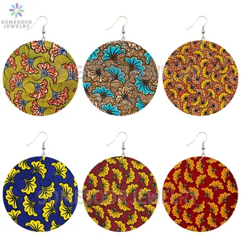 

SOMESOOR Vintage Bohemain Flowers Designs Wooden Drop Earrings Afrocentric Ethnic Fabric Pattern Printed Loops For Women Gifts