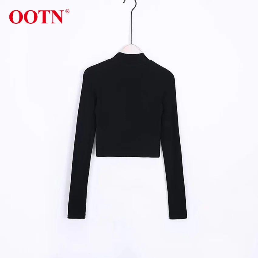OOTN Black Casual Women Tshirt Top Ribbed Knit Button Down TurtleNeck Slim Tee Long Sleeve T-Shirt Ladies Autumn Winter T Shirt
