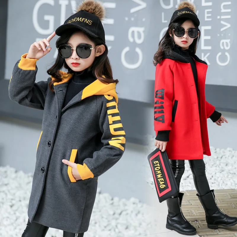 От 6 до 12 лет для девочек повседневное шерстяное пальто с капюшоном зимняя теплая