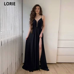 LORIE Black A-line Long Evening Dresses 2022 V-neck Spaghetti Straps Pleat Prom Gowns Formal Vestidos De Fiesta Side Split