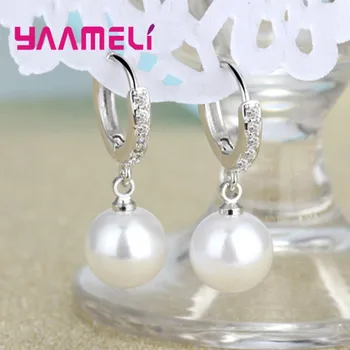 

Korean Style Ball Round White Pearl Pendant Earrings for Women Girls 925 Sterling Silver Wedding Engagement Jewelry Gift